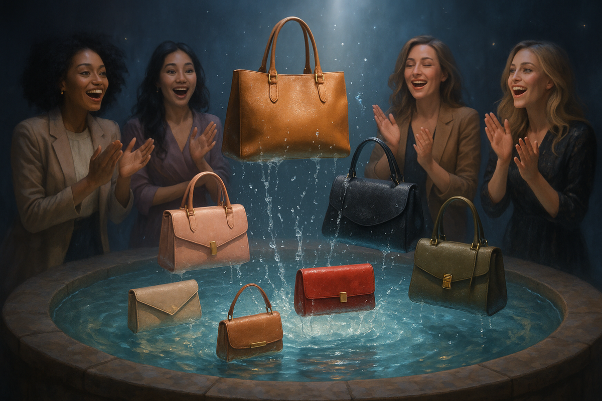 an image in which a women bags comming out from the poll of water and women standing round the poll and clapping