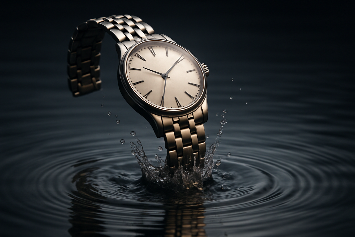 an image in which a wrist watch fell down onto a water surface