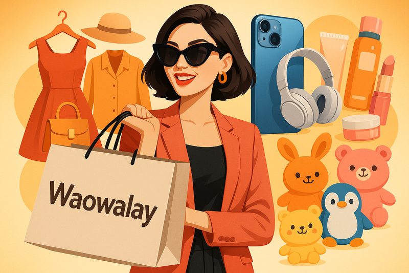 need image in which a women holt a shopping bag and on bag print Waowalay and its background represent four products fashion, electronics, beauty and plush toy